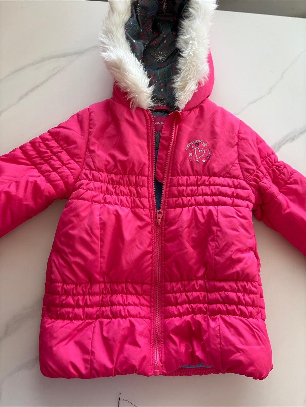 London Fog Girls Bright Pink Hooded Puffer Coat with Faux Fur Trim